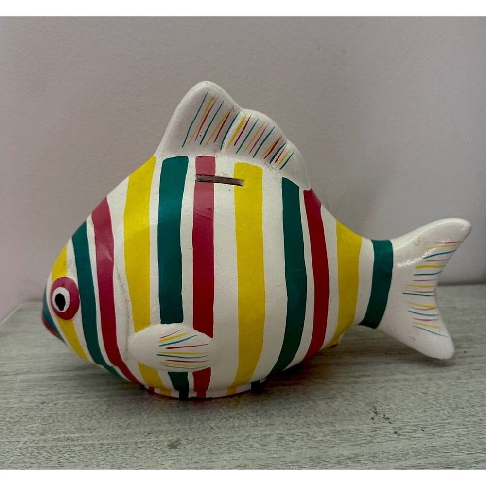 Signed By Artist Vintage Hand-Painted Ceramic Fish Piggy Bank - Folk Art 11x8”